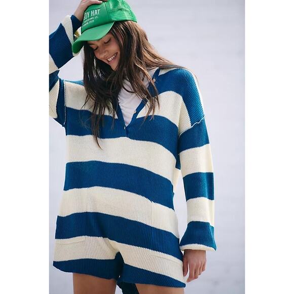 Free People FP Beach Picnic Striped Linen Cotton Sweater Knit Romper XS - Picture 2 of 9